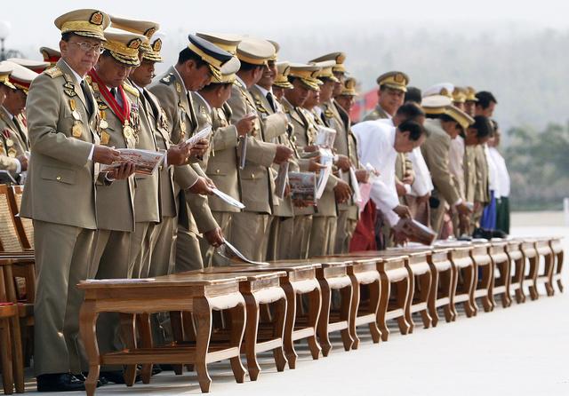 Thein Sein and military leaders attend the Armed Forces Day parade in Burma's capital Naypyidaw on March 27, 2010.