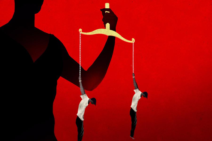 Illustration of the scales of justice replaced by two people shackled by their wrists and dangling in the air.