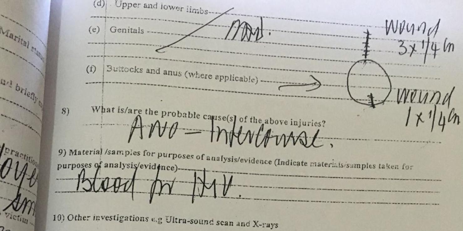 A medical report filled out by a doctor in Kampala, Uganda, after conducting a forced anal examination on a man suspected of consensual same-sex conduct.
