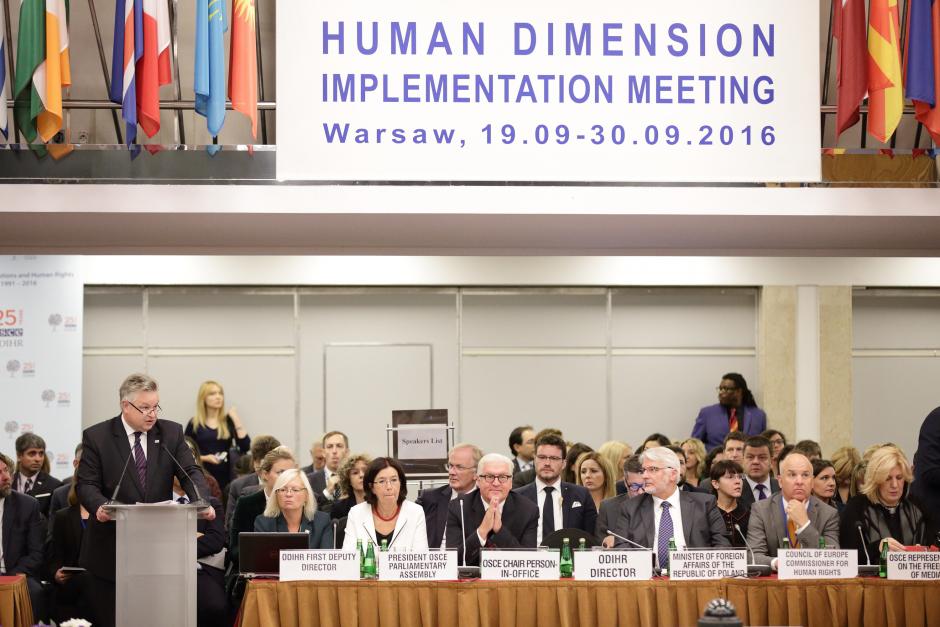 Michael Georg Link, Director of the OSCE Office for Democratic Institutions and Human Rights speaks at the opening of the 2016 OSCE Human Dimension Implementation Meeting in Warsaw, Poland, September 19, 2016.