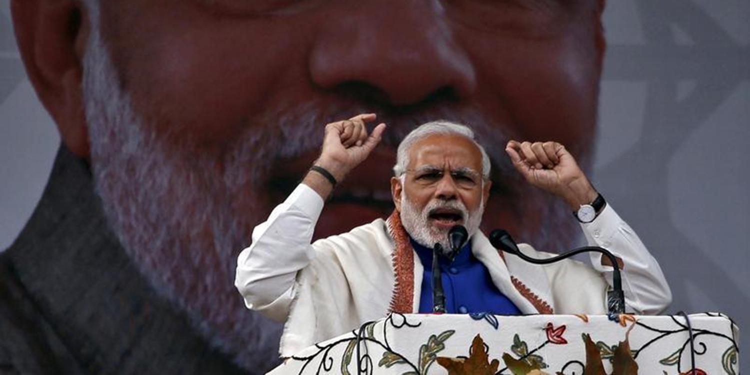 India's Prime Minister Narendra Modi addresses a rally in a cricket stadium in Srinagar, November 7, 2015.