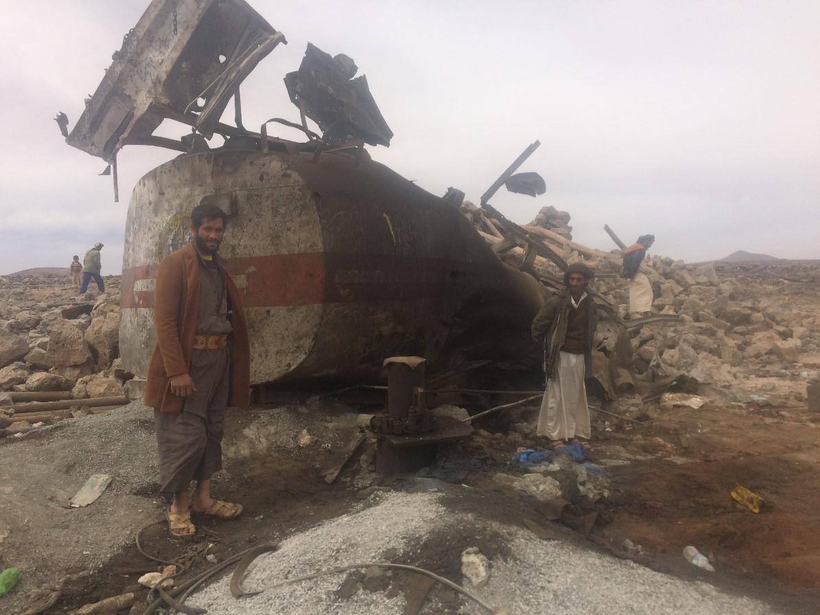 The burned remains of a fuel tanker in Arhab at the site of the water drill attack in the Sanaa governorate. The well under construction was meant to supply Beit al-Saadan, a nearby village, with  water. Human Rights Watch found no evidence of military op