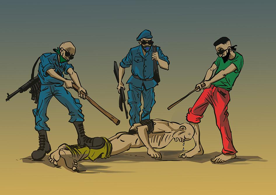 La torture au Burundi d’un détenu par des policiers et par un agent des services de renseignement, illustrée dans ce cas fictif par un artiste burundais.