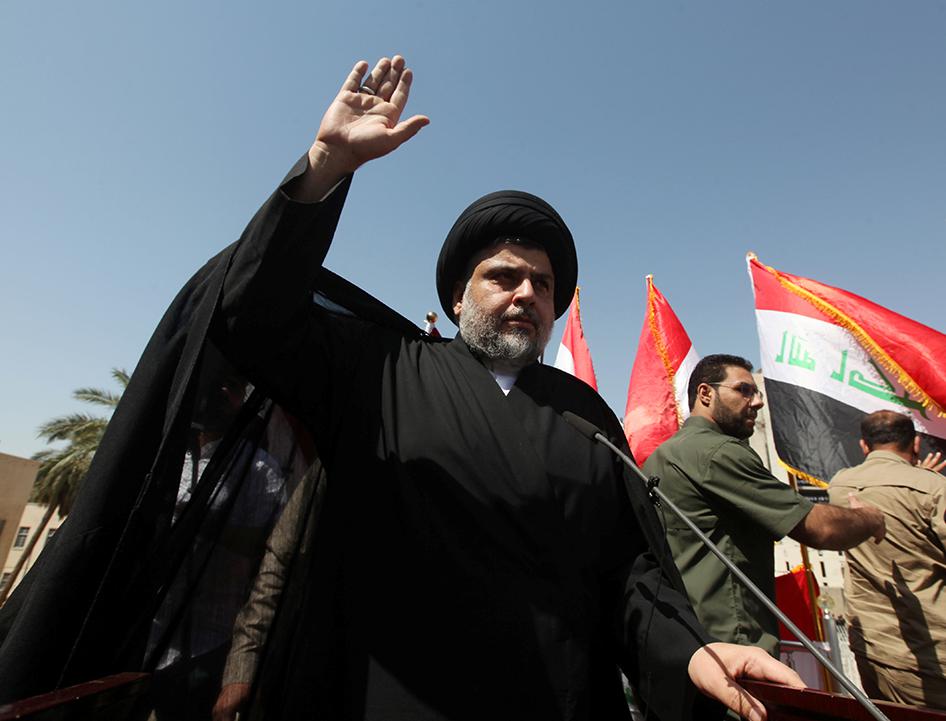 Iraqi Shia cleric Moqtada al-Sadr is seen during a protest in Baghdad on July 15, 2016. The prominent cleric published a statement on July 7, 2016 banning violence against LGBT people and those who do not conform to gender norms. 