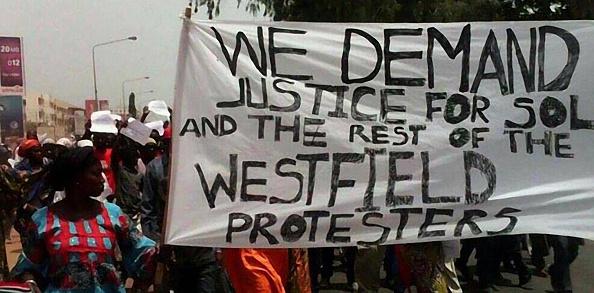 Opposition supporters demonstrate on April 16, 2016 in the Gambian capital, Banjul, following the death in custody of opposition activist Solo Sandeng.