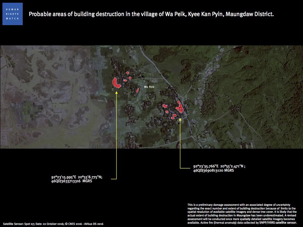 Probable areas of building destruction in the village of Wa Peik, Kyee Kan Pyin, Maungdaw District.