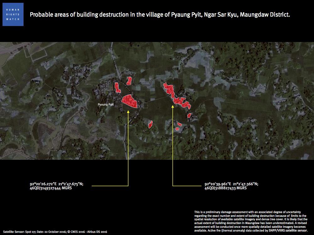 Probable areas of building destruction in the village of Pyaung Pyit, Ngar Sar Kyu, Maungdaw District.