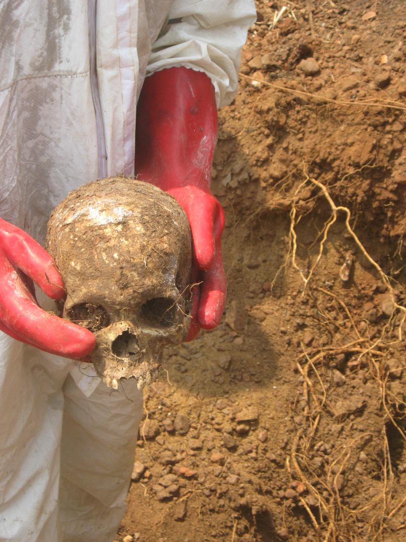 Le crâne d’une victime retrouvé dans une fosse commune près de la base des forces de maintien de la paix à Boali, en République centrafricaine. La victime est supposée être un individu qui a été sommairement exécuté par des soldats de maintien de la paix 