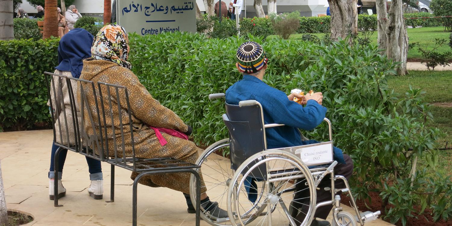 Patients and their relatives waiting outside Morocco’s National Institute of Oncology in Rabat, Morocco. 