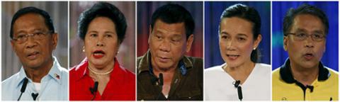 Philippine presidential candidates Vice-President Jejomar Binay, Senator Miriam Santiago, Mayor Rodrigo Duterte, Senator Grace Poe, and Interior Secretary Mar Roxas speak during a presidential debate on April 24, 2016. 