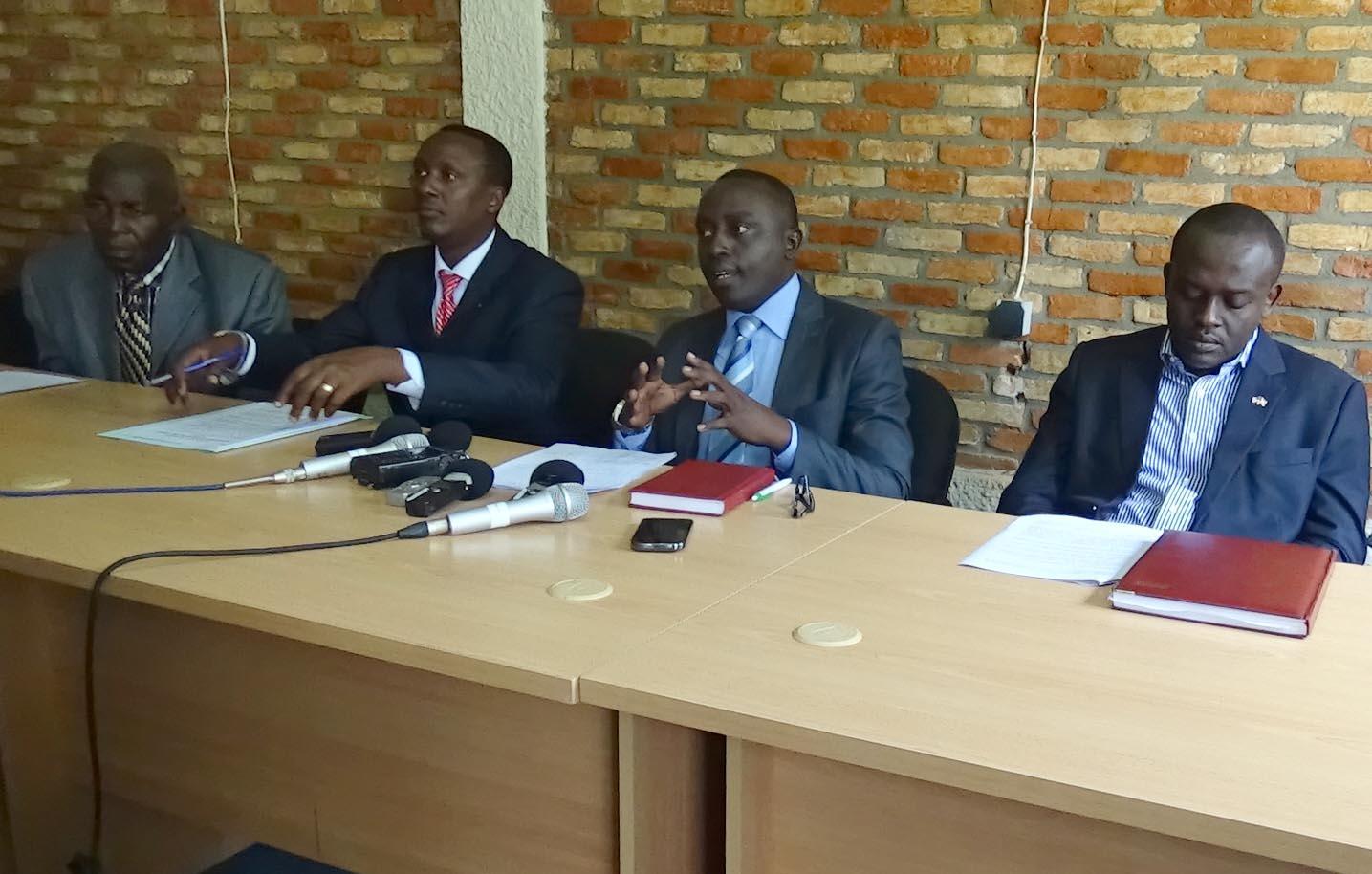 Representatives of 4 of the 10 organizations recently banned or suspended by the Burundi government:  left to right, Pierre Claver Mbonimpa (APRODH), Vital Nshimirimana (FORSC), Pacifique Nininahazwe (FOCODE), and Armel Niyongere (ACAT).