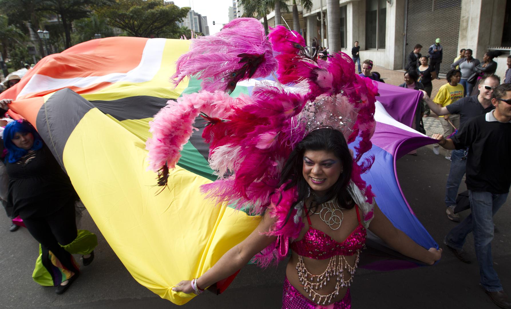 A drag queen participates in Durban Pride in Durban, South Africa, July 30, 2011.
