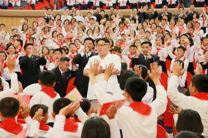 North Korean leader Kim Jong Un attends an event marking the 70th anniversary of the Korean Children's Union in an undated photo released by North Korea's Korean Central News Agency.