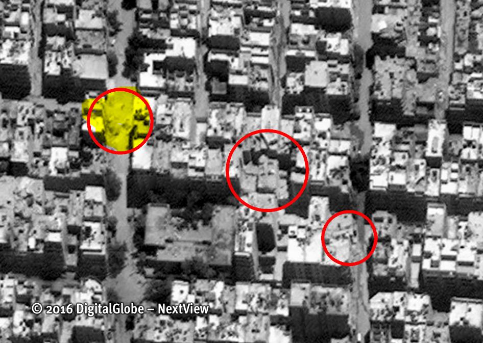 The exact location of a public video recorded immediately after an airstrike in Al-Qatirji was confirmed in satellite imagery recorded after the attack. The location is highlighted in yellow.