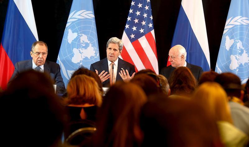 Russian Foreign Minister Sergei Lavrov, US Secretary of State John Kerry, and UN Special Envoy for Syria, Staffan de Mistura attend a news conference in Munich, Germany on February 12, 2016. 