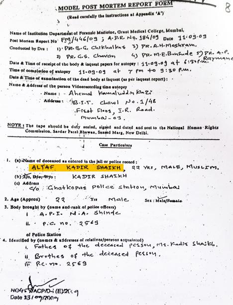 Copy of post-mortem report of Altaf Shaikh, September 11, 2009.