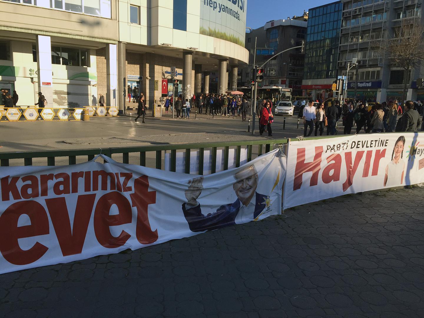 Voters in Turkey will decide in an April 16 referendum whether to approve constitutional amendments that would change the structure of governance and greatly increase the powers of the presidency. Campaign posters read (left)  “Our decision is Yes” and (r