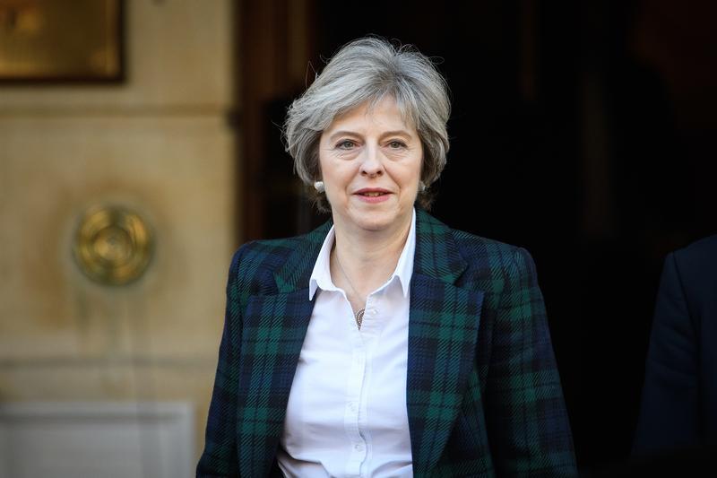 英国首相梅伊发表脱欧演说後步出伦敦兰卡斯特宫（Lancaster House），2017年1月17日。