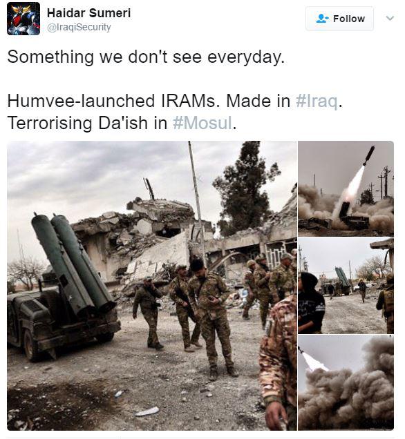 Screenshot of Twitter post by Iraqi citizen journalist showing photographs of Iraq’s emergency response division firing inaccurate rockets into west Mosul on February 17, 2017.