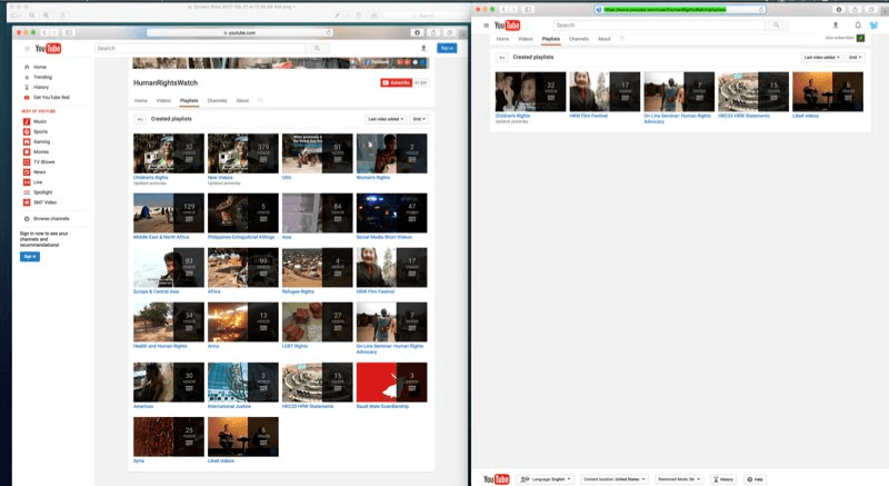 人权观察YouTube专页的屏幕截图，显示停用（左）和启用受限模式（restricted view）的结果。