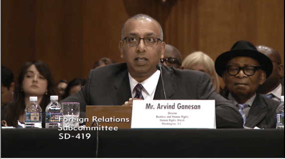 Arvind Ganesan, Business & Human Rights director at Human Rights Watch, testifies in front of the US Senate on April 5, 2017. 