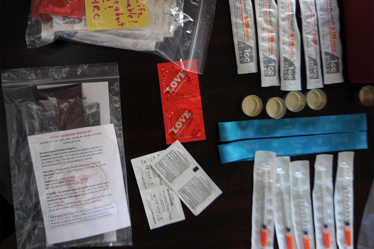 The “Stay Safe Kit,” distributed by the North Carolina Harm Reduction Coalition, includes clean needles, naloxone, condoms, and information on area resources for people who use drugs and other vulnerable populations in Wilmington, North Carolina.