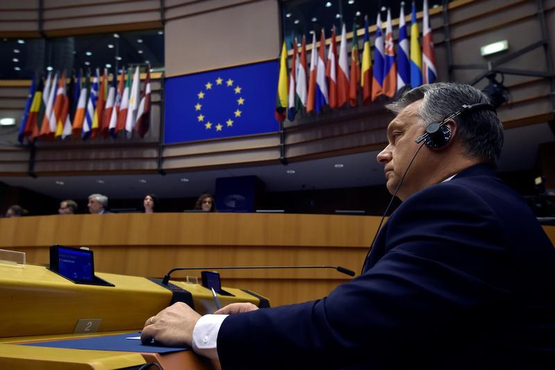 Hungary's Prime Minister Viktor Orban looks up during a plenary session at the European Parliament (EP) in Brussels, Belgium April 26, 2017. 