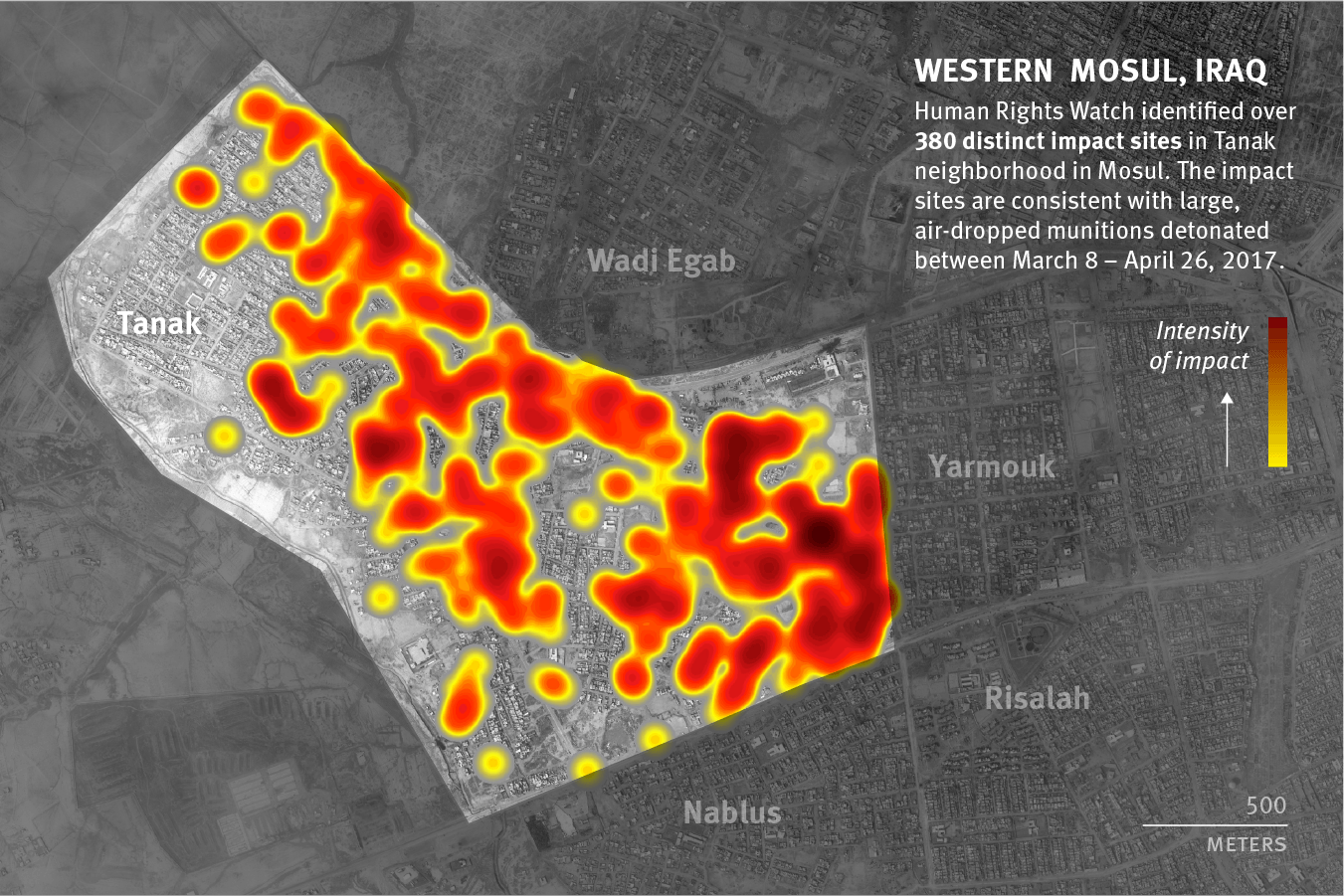 Human Rights Watch identified over 380 distinct impact sites in Tanak neighborhood in Mosul.