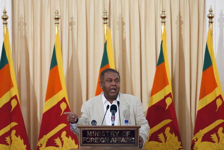 Foreign Minister Mangala Samaraweera speaks during a news conference on a UN report about Sri Lanka’s civil conflict, in Colombo on September 17, 2015.