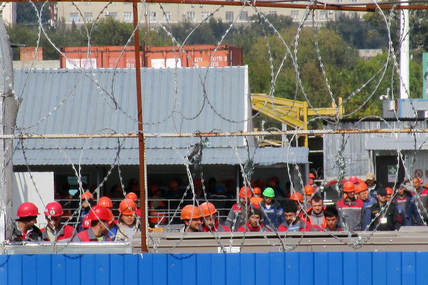 Workers on the Rostov Arena, a 2018 World Cup venue under construction in Rostov-on-Don, Russia, in September 2016. 