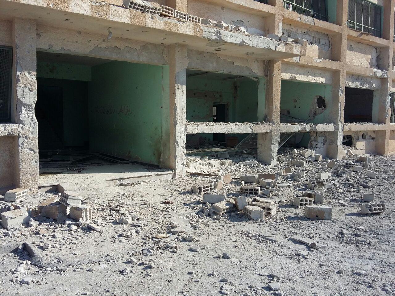 Damage to the Martyr Kiwan middle school from a Syrian-Russian airstrike on June 14, 2017 that killed eight civilians, including a child.
