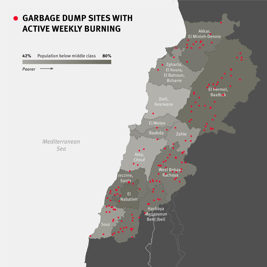Garbage dump sites with active weekly burning 