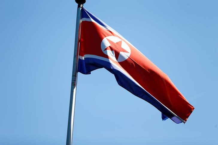 A North Korean flag flies at the DPRK Permanent Mission in Geneva. 