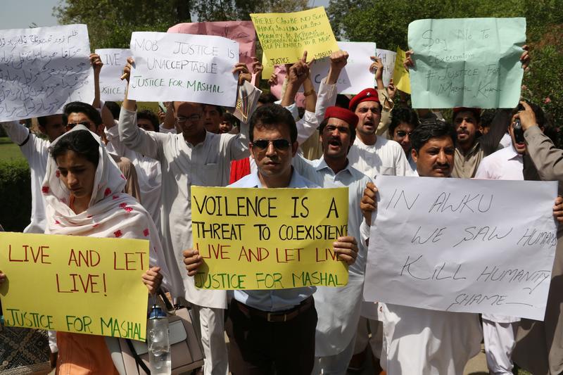 Students from Peshawar University protest to condemn the killing of Abdul Wali Khan university student Mashal Khan, after he was accused of blasphemy, during a protest in Peshawar, Pakistan April 19, 2017. 