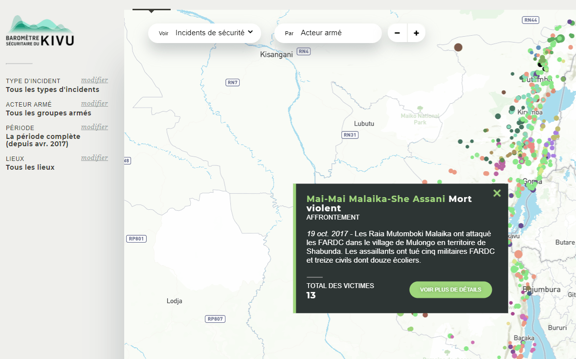 Le Baromètre sécuritaire du Kivu cartographie les violences exercées par les groupes armés et les forces de sécurité étatiques congolaises dans les provinces du Kivu, dans l’est de la République démocratique du Congo.