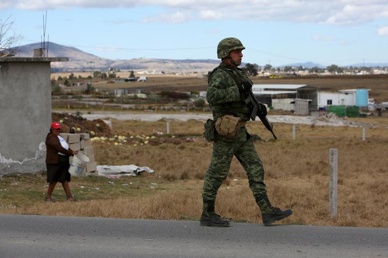 Seorang serdadu berjalan di Almoloya de Juarez, di pinggiran Mexico City, 10 Januari 2016.  