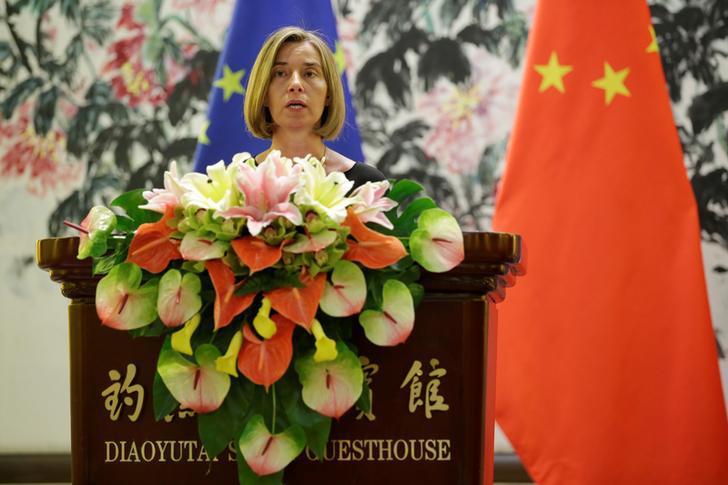 Federica Mogherini, High Representative of the European Union for Foreign Affairs, attends a joint news conference with China's State Councilor Yang Jiechi (not pictured) at Diaoyutai State Guesthouse in Beijing, China on April 19, 2017.