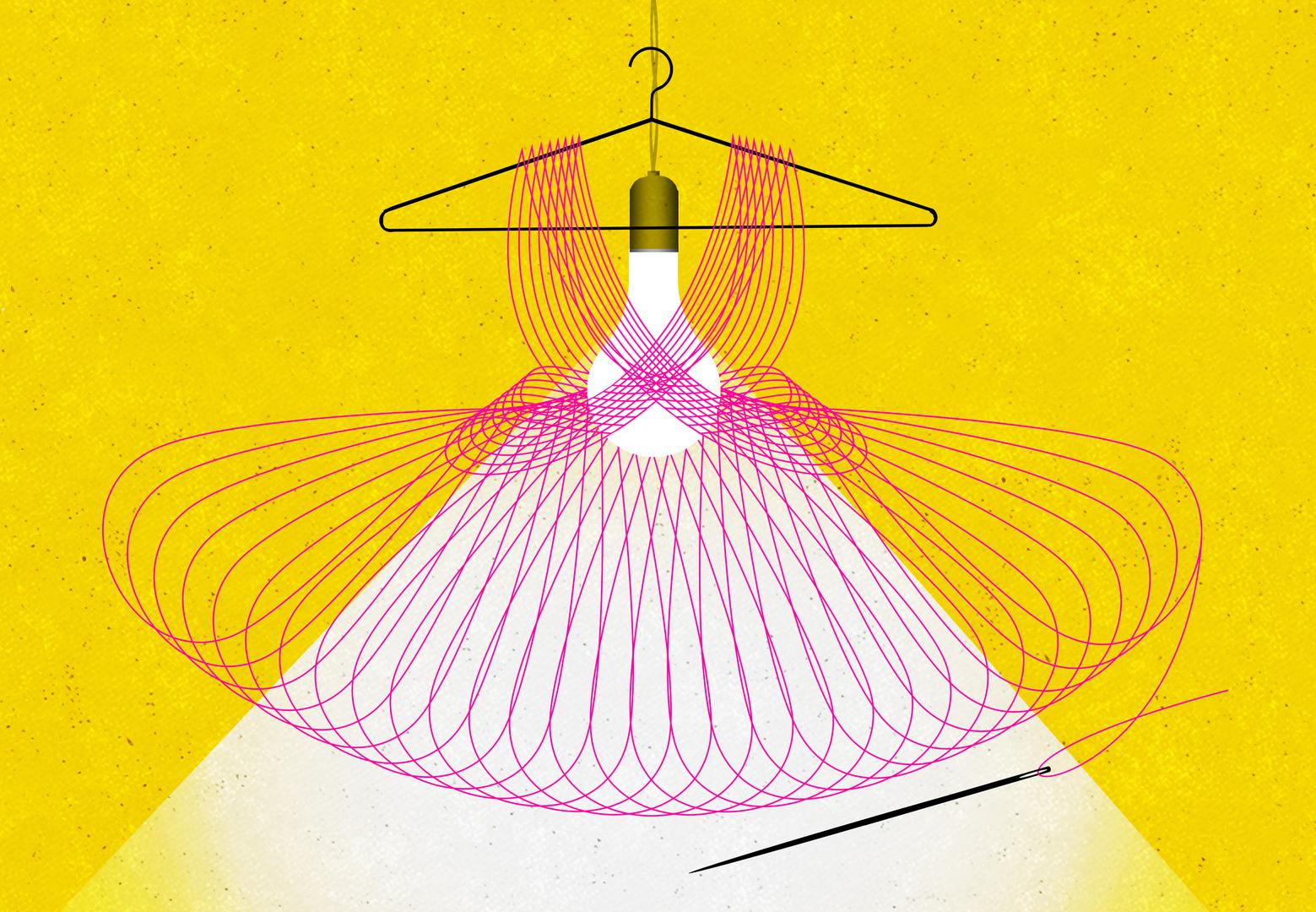 Illustration of  a dress,thread, and needle around a lightbulb. 