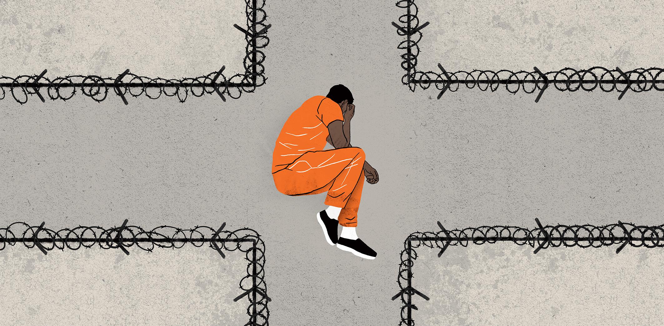 An illustration of a man in a prison uniform lying in fetal position at a crossroads (the roads have barbed wire) 