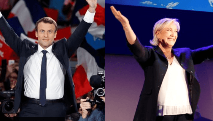 Emmanuel Macron et Marine Le Pen, candidats à l'élection présidentielle de 2017 en France. À gauche, Emmanuel Macron lors d’un rassemblement de son parti « En Marche ! » à Paris le 17 avril 2017. À droite, Marine Le Pen, lors d’un rassemblement du Front n