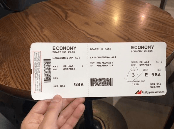 A photo of Dina Ali Lasloom’s boarding pass from Kuwait to the Philippines.