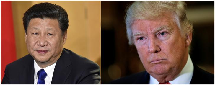 A combination of file photos showing Chinese President Xi Jinping (L) in London's Heathrow Airport, October 19, 2015 and (R) U.S. President Donald Trump listening to questions from reporters in New York, U.S., January 9, 2017. 