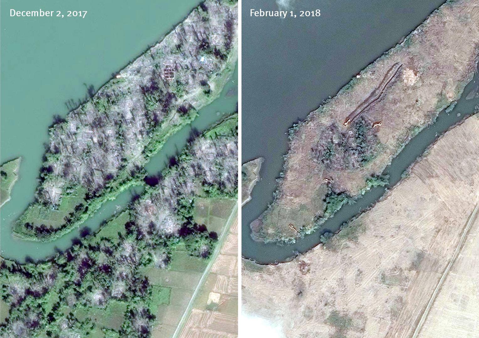 Satellite imagery recorded before and after the clearing of the destroyed village of Myar Zin.