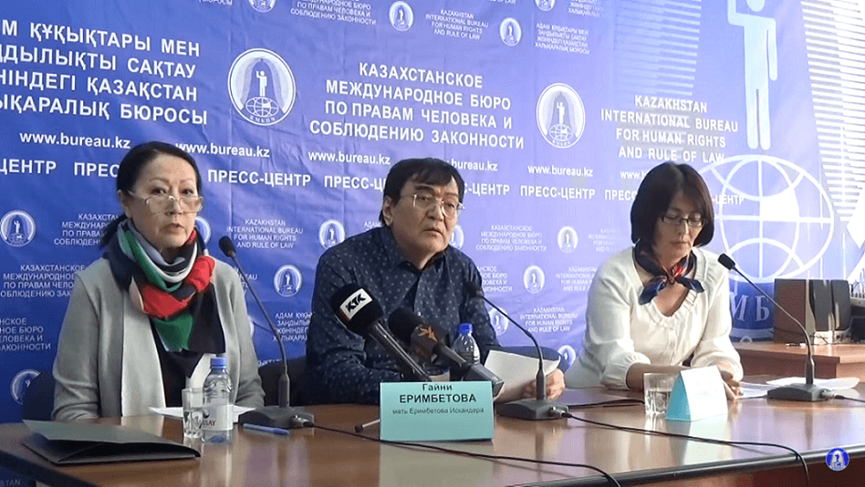 Parents of detained businessman Iskander Erimbetov hold press conference with Bakhytzhan Toregozhina, human rights activist, to discuss allegations that Erimbetov has been tortured in custody, Almaty, Kazakhstan, December 7, 2017.