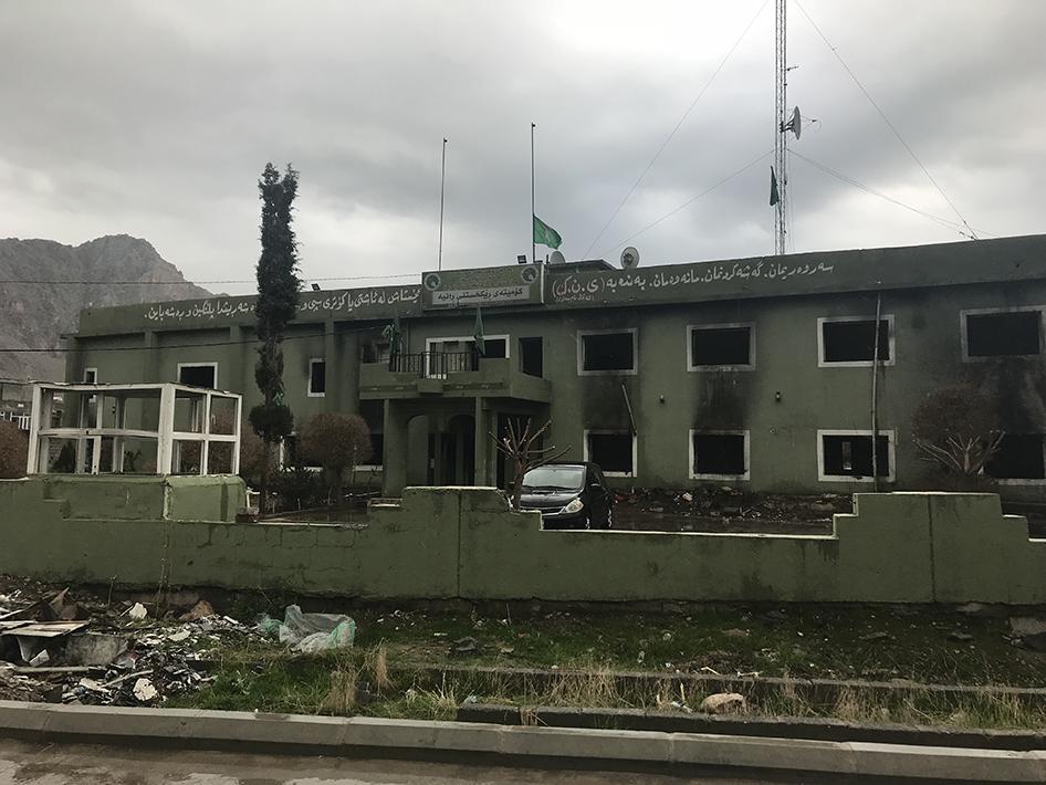 The Patriotic Union of Kurdistan (PUK) headquarters in Ranya showing considerable damage following demonstrations from December 19-23, 2017, on the streets of the town. © 2018 Belkis Wille/Human Rights Watch