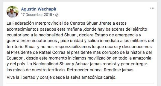 La publicación original de Agustín Wachapá en Facebook del 17 de diciembre de 2016