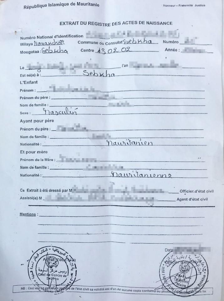 Birth certificate copy, Nouakchott, Mauritania, October 20, 2017.