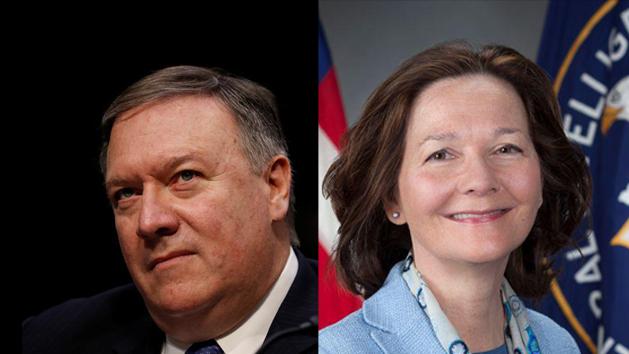 Mike Pompeo, directeur de la CIA nommé Secrétaire d'État américain par le président Trump en mars 2018, et Gina Haspel, nommée directrice de la CIA.