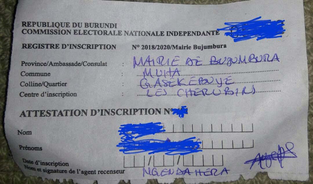 A receipt for the voter registration in Burundi in 2018.