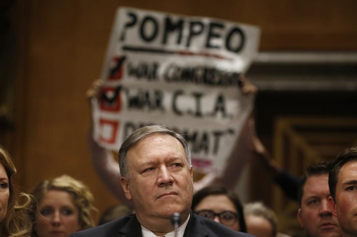 Protesters voice their opposition as CIA Director Mike Pompeo testifies before a Senate Foreign Relations Committee confirmation hearing on Pompeo’s nomination to be secretary of state on Capitol Hill in Washington, U.S., April 12, 2018. REUTERS/Leah Mill